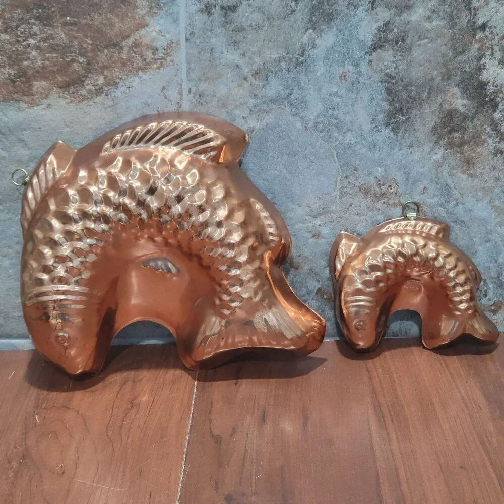 Vintage Tagus Portugal Copper Fish Mold Kitchen Decor Wall Hanging Set of 2